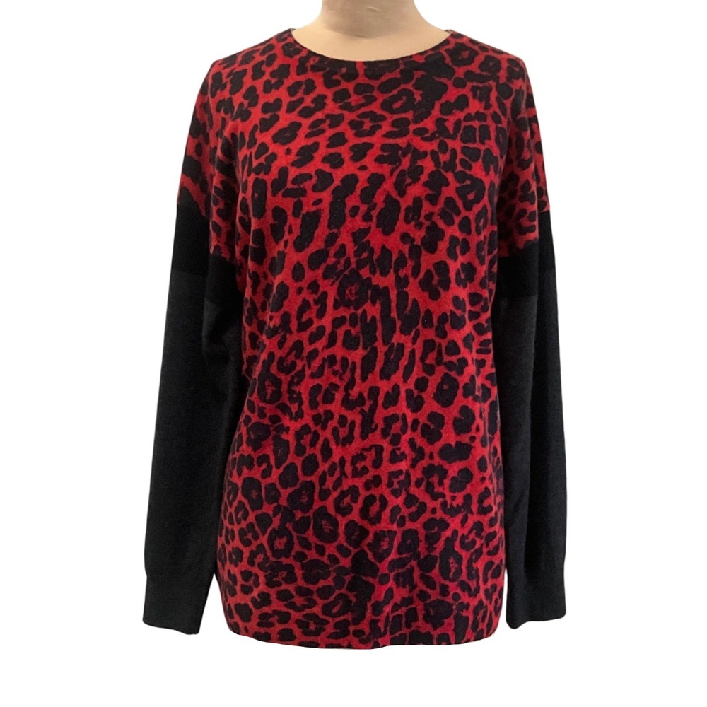 Neiman Marcus 100% Cashmere Leopard Print Sweater Red Black Relaxed Women's L